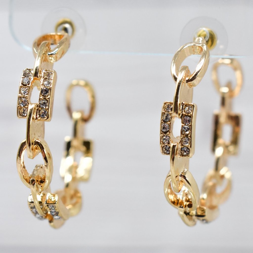 1 5/8" CHAIN LINK GOLD TONE RHINESTONE HOOPS